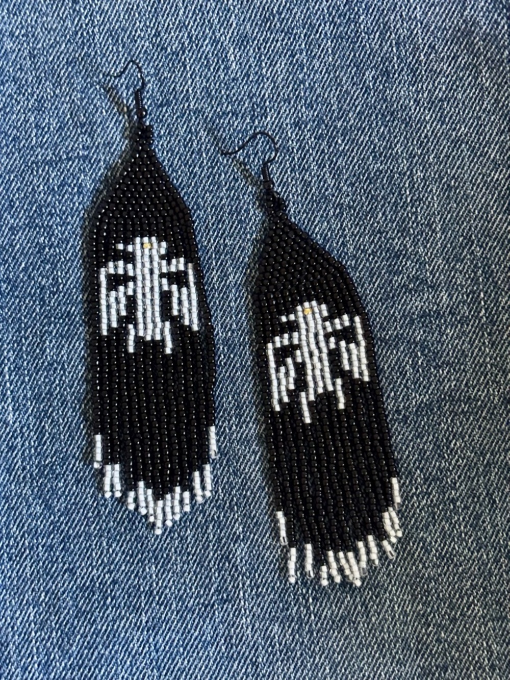 Western Thunderbird Dangle Bead Work Earrings Black White Handmade Jewelry NEW